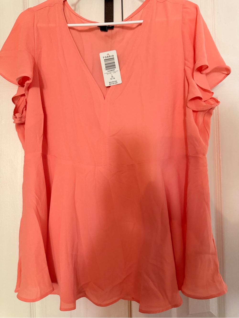 Torrid Coral V-Neck Ruffle Sleeve Women's Top